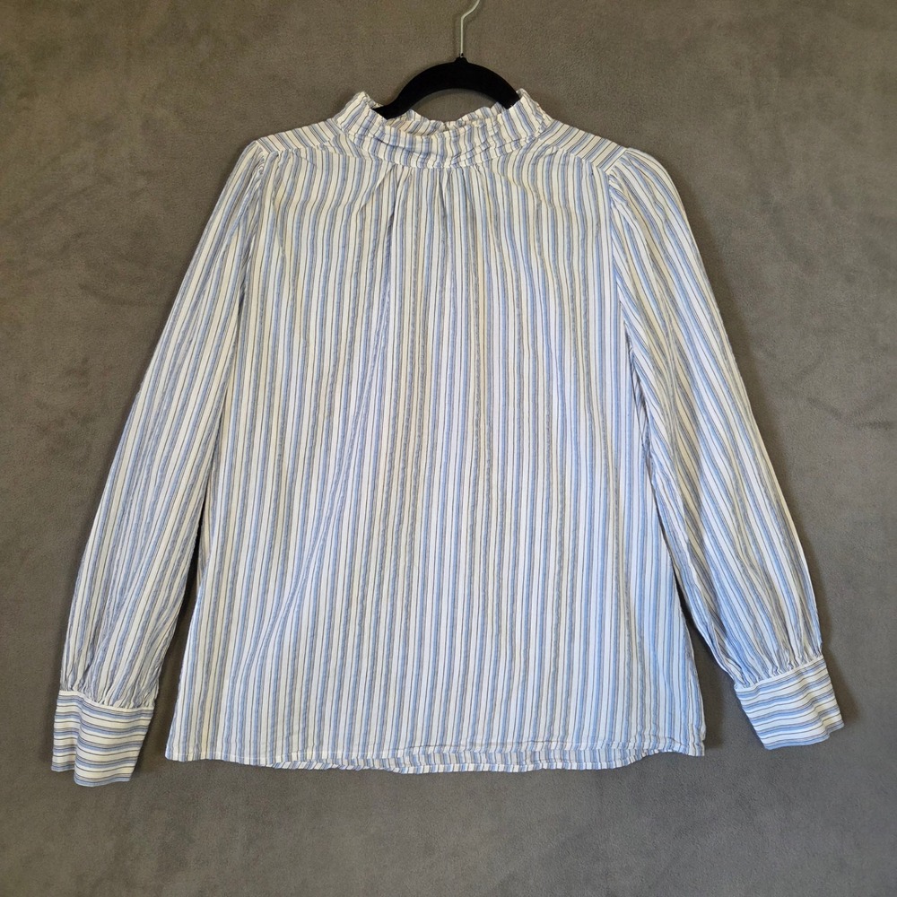 LOFT Striped Ruffle Mock Neck Top Women Medium Cotton Coastal Office Preppy